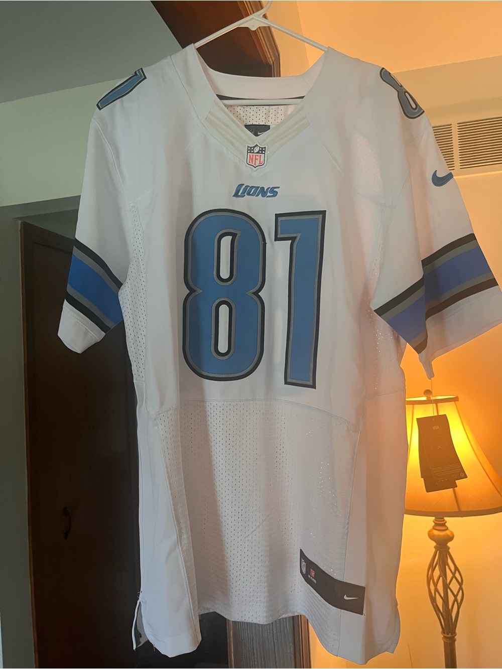 Nike White Detroit Lions Away Jersey with Light Blue Accents #81 Johnson